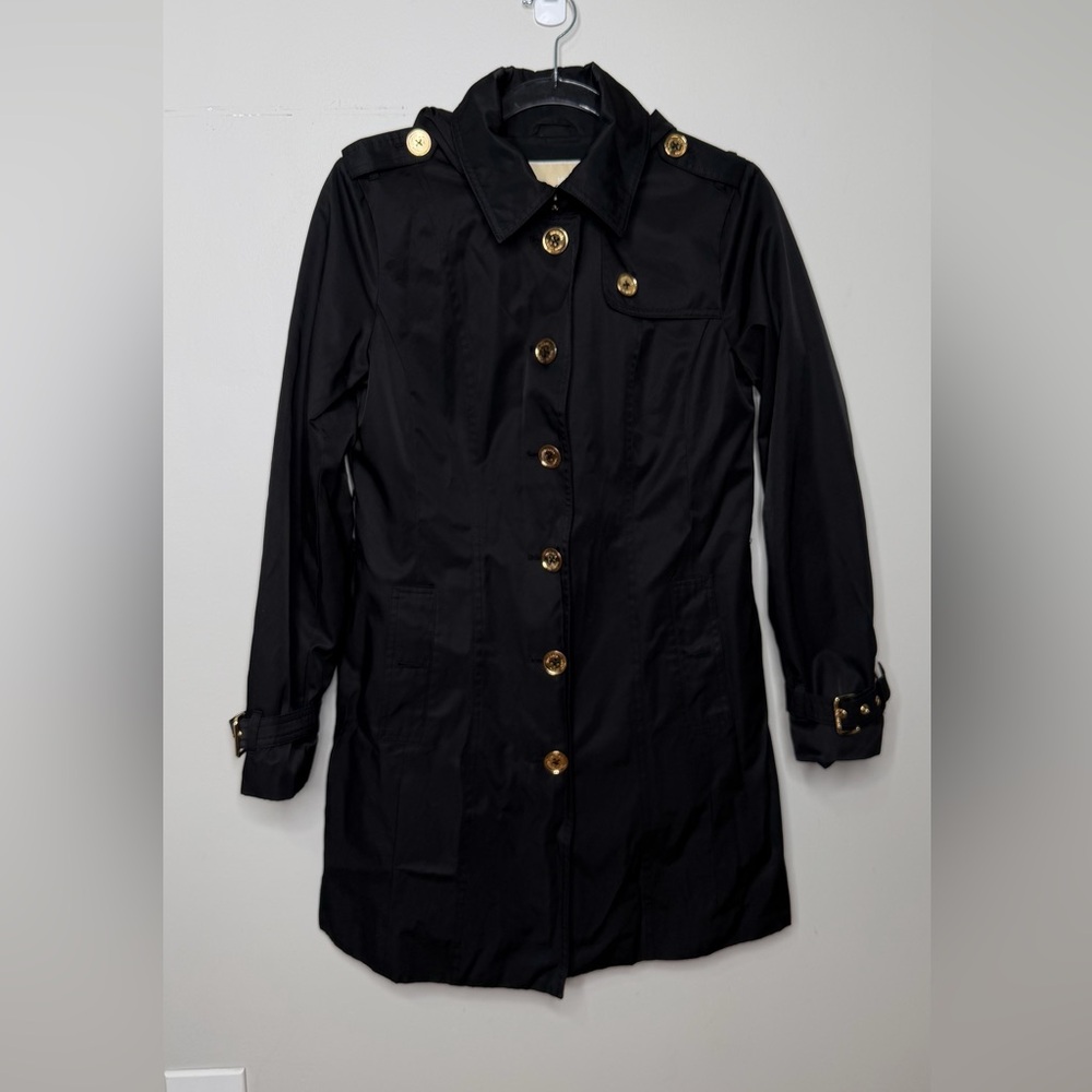 MICHAEL Michael Kors Black Trench Coat Size Small Gold Button Down Hooded - Picture 2 of 13